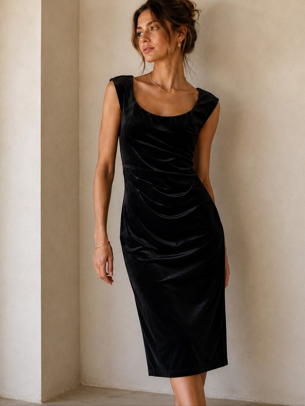 🏷️Le Château Black Velvet Ruched Scoop Neck Cocktail Dress Small